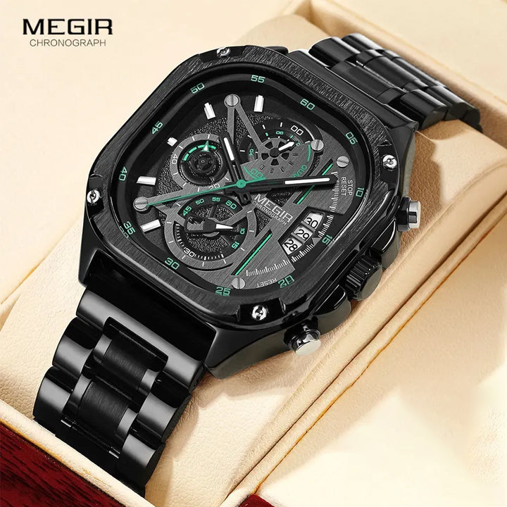 MEGIR - 2217 Stylish Men’s Luxury Watch – Square Case, Chronograph Display, All-Black- With Free Box