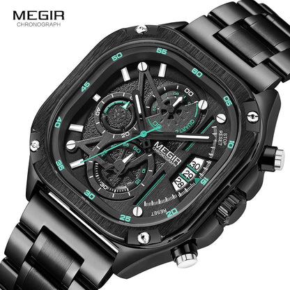 MEGIR - 2217 Stylish Men’s Luxury Watch – Square Case, Chronograph Display, All-Black- With Free Box