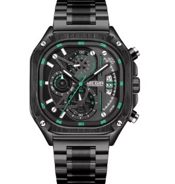MEGIR - 2217 Stylish Men’s Luxury Watch – Square Case, Chronograph Display, All-Black- With Free Box