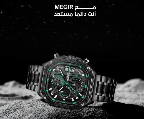 MEGIR - 2217 Stylish Men’s Luxury Watch – Square Case, Chronograph Display, All-Black- With Free Box